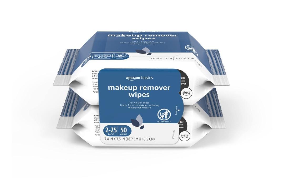 Amazon Basics Makeup Remover Wipes, Gentle Cleansing, Dermatologist Tested, Hydrating, Plant Based, Alcohol-Free, Removes Waterproof Mascara, 25 Count Per Pack, Pack of 2
