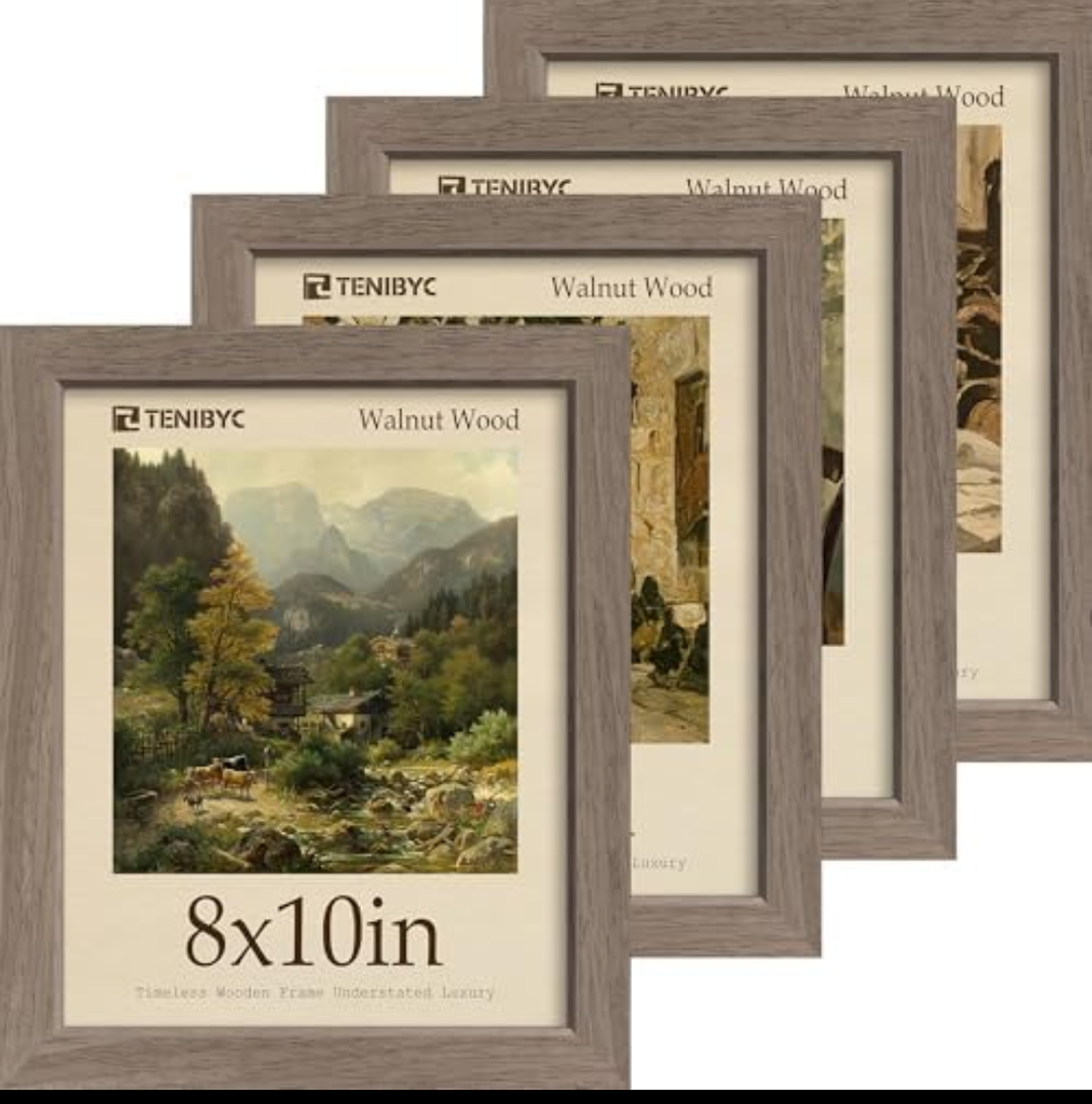 TENIBYC 8x10 Picture Frame Set of 4, Brown Wood Grain, HD Tempered Glass, Natural Walnut Photo Frame, Table or Wall Display