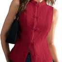 SHENHE Women's Linen Shirt Chinese Frog Button Stand Collar Tank Sleeveless Going Out Tops (Medium)