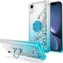 for iPhone XR Case, Bling Flowing Liquid Floating Sparkle Colorful Glitter Waterfall TPU Protective Case with Rotation Ring Kickstand for iPhone XR 6.1 inch, Blue