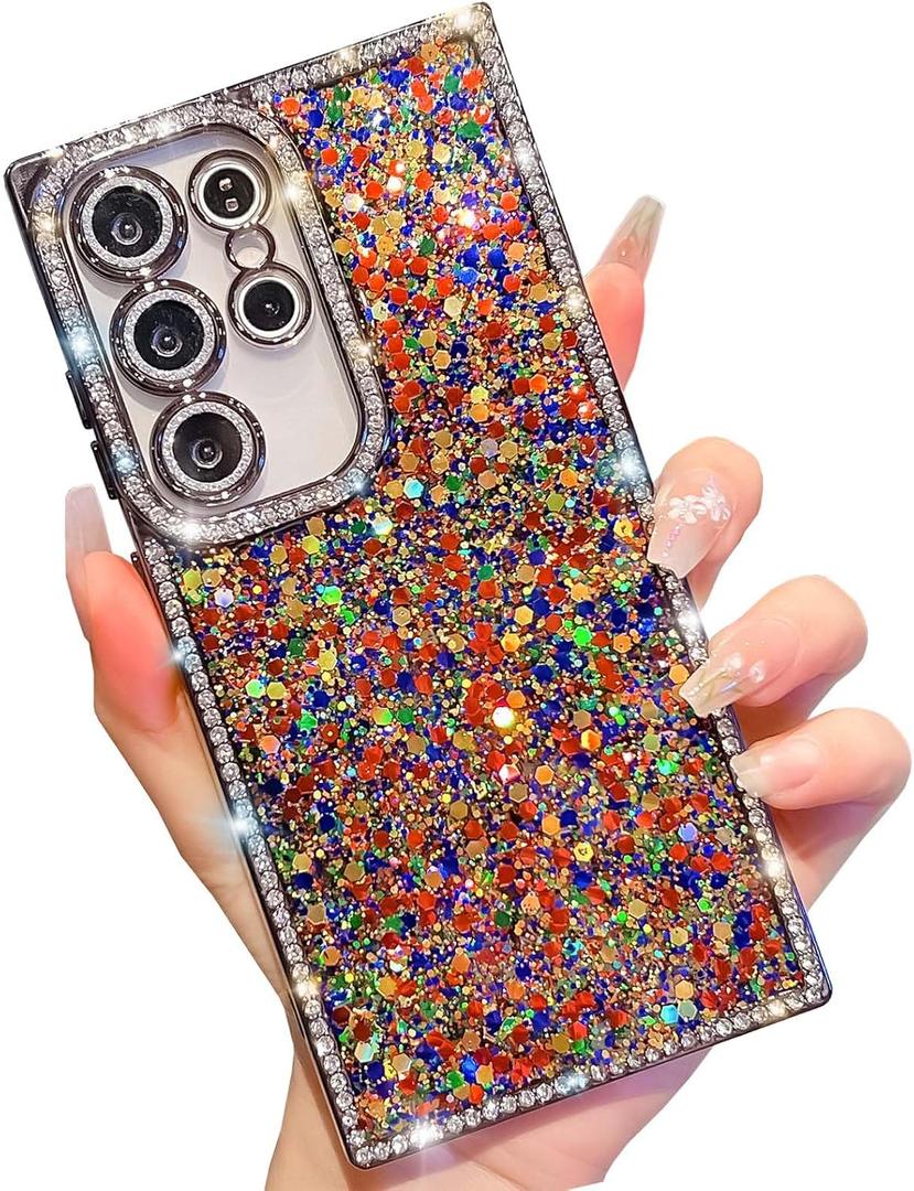 Trendy Girly Glitter Powder Compatible with Sumsung Galaxy Rectangle Case, Elegent Cute Slim Women Bling Diamond Rhinestones Plating Phone Cases(Black,S24 Ultra)