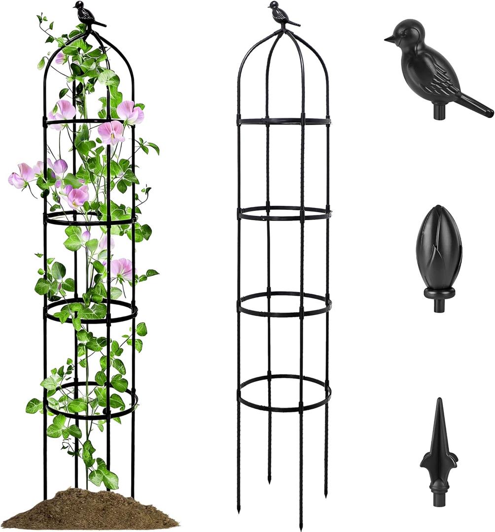 1 Pack Garden Obelisk Trellis for Climbing Plants Outdoor, 6FT Adjustable Metal Plant Support with 3 Decorative Tops, Black Rustproof Trellis for Roses, Tomatoes, Clematis & Vines