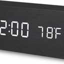 Battery Powered Digital Clock for Bedroom and Living Room Decor, Nightstand Clock with Voice Control Function Dual Display Time(12/24h) and Temperature(C/F), Office Wood Dcor (Black)