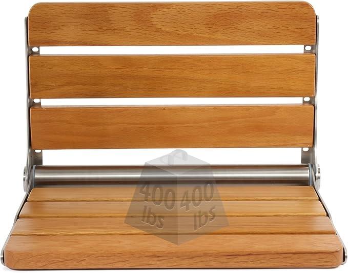 Folding Shower Seat Teak, Folding Shower Seat Wall Mounted, Foldable Shower Chair for Home Care, 450 lbs Capacity (Stainless Steel, 13'' D x 17'' W x 10'' H) 