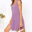 MITILLY Women's Casual T-Shirt Dresses Sleeveless V Neck Button Down A Line Loose Swing Short Dress with Pockets (Purple, L)