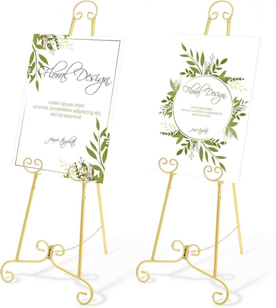 Feifeiya 2 Pack Gold Floor Easel Stand 46" H, Heavy Duty Metal Round Tube Scroll Display Easel for Lightweight Wedding Sign Poster, Art Photo Display Stand for Mirror, Adjustable with Chain Support