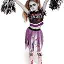 Spooktacular Creations Zombie Halloween Cheerleader Costume, Girls Scary Cheerless Costume, Kids Dead Cheerleading Outfit for Halloween Role Play Themed Parties, Purple Black, S