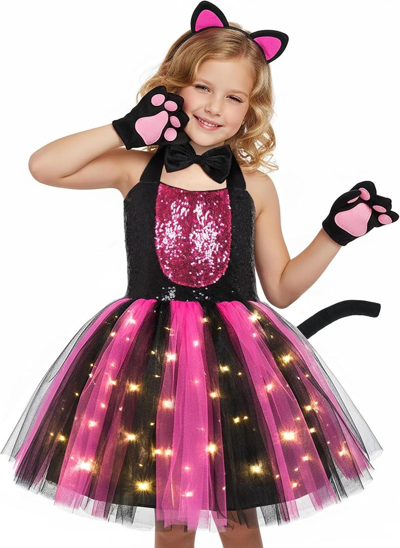 Black Cat Costume for Girls LED Light Up Dress with Ears Headband Lavaliere Claw Holder Tail Bowtie Tutu