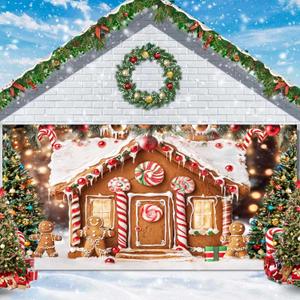 16X7FT Christmas Gingerbread House Garage Door Decorations Christmas Wall Decorations Xmas Gingerbread Banner Candy Winter Scene Photography Background for Garage Door Cover Xmas Party Decor