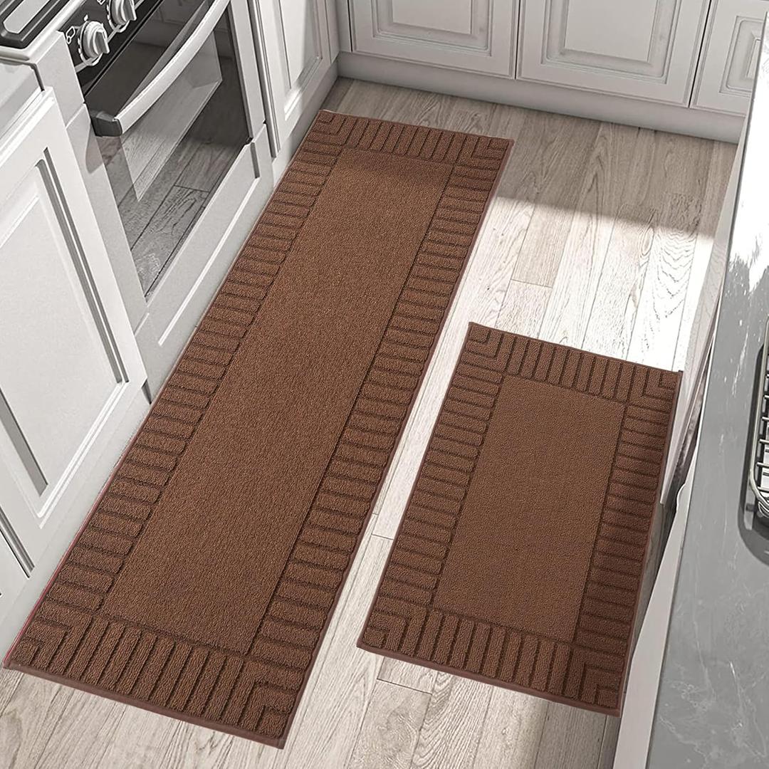 BEQHAUSE-Kitchen-Rugs-Anti-Slip-Kitchen-Mats-for-Floor Absorbent Kitchen Mat Set of 2 Washable Kitchen Runner Rug with TPR Non Skid Backing,Brown 24x35inch/24x60inch