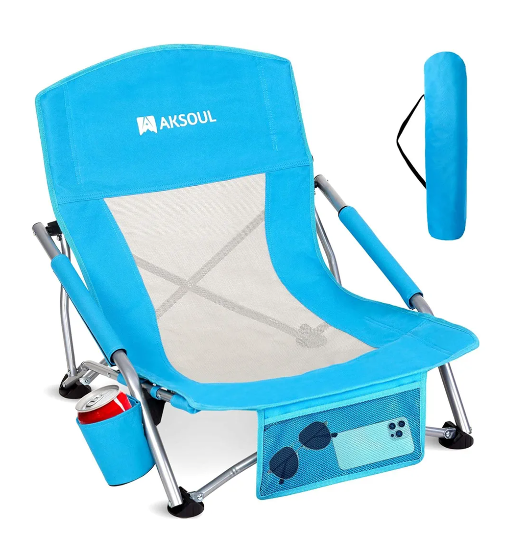 AKSOUL Folding Beach Chair for Adults: Low/High Back Chairs with Carry Bag - Extra Wide Seat Chair with Comfortable Pillow & Storage Pocket (1 Pack & 2 Pack, Blue)