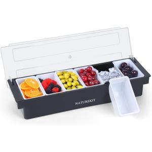 Ice Cooled Condiment Serving Container, Veggie & Condiment Caddy with Lid, Large 6 Removable Compartment Chilled Garnish Tray Bar Caddy for Bartending & Serving Taco,Salad,Fruit