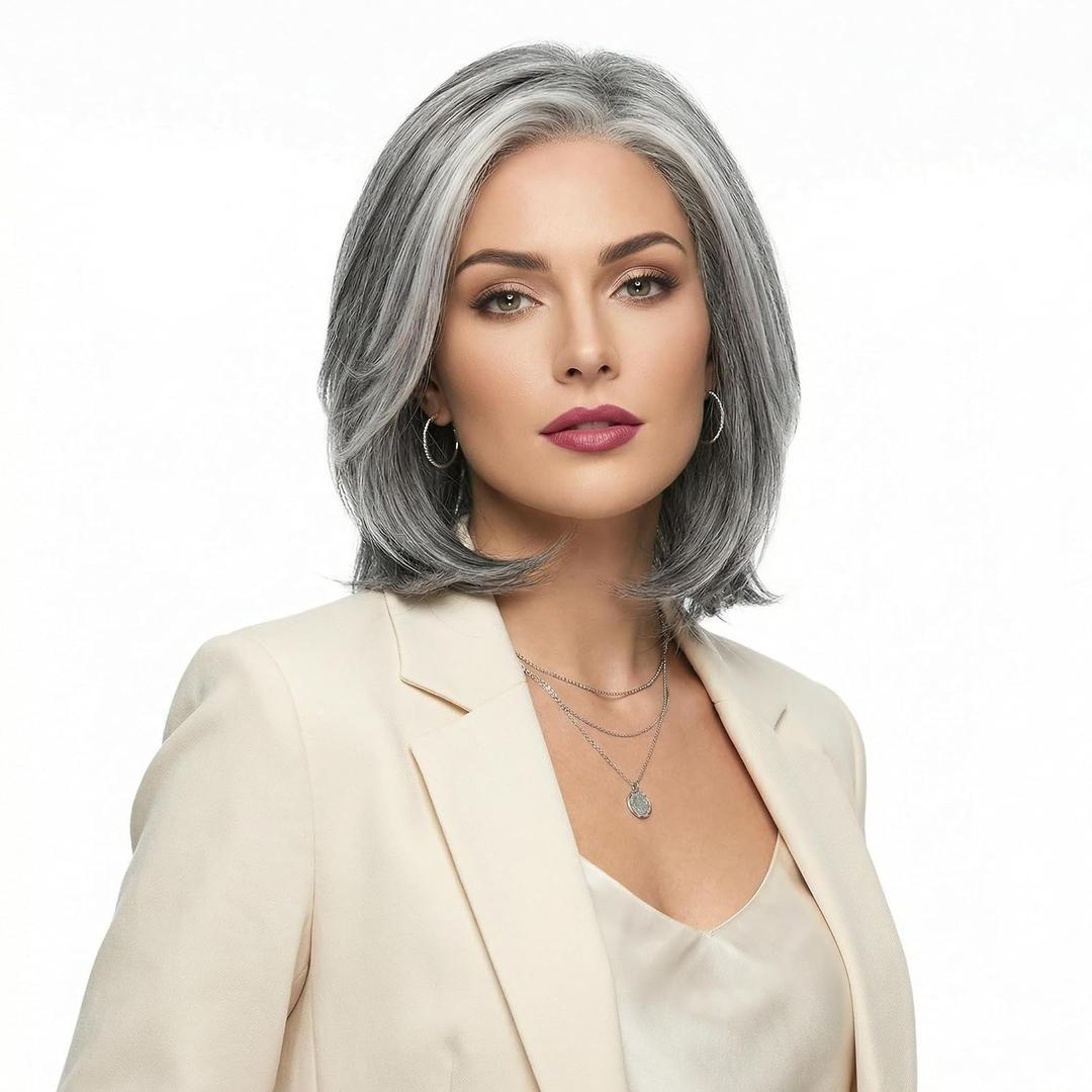 Grey White Highlight Wigs for Women Heat Resistant Synthetic Hair Natural Wave Womens Wigs for Women Lady Daily Used Cosplay Costume Halloween Old Lady Wigs (Silver Gray)