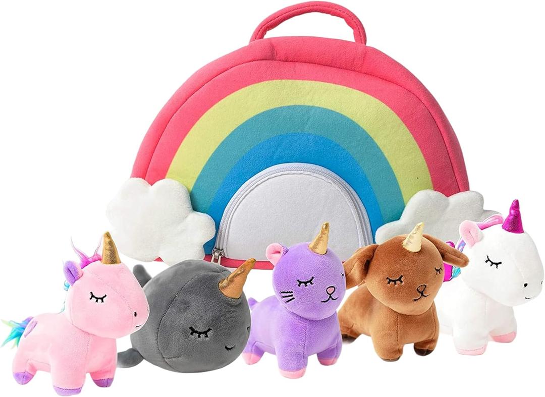 PixieCrush Unicorn Stuffed Animal Set - 5 Plush Toys for Girls with Narwhal, Puppycorn, Kittycorn and Rainbow Unicorn - Soft Plushies with Carry Case - Gift for Kids Ages 3 and Up