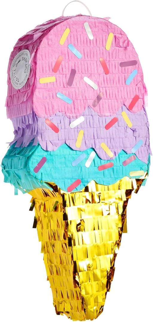 BLUE PANDA Ice Cream Pinata for Birthday Party Decoration & Ice Cream Party Favors - Small Cardboard, 16.4 x 7.6 x 2.9 In, Pink, Blue & Yellow