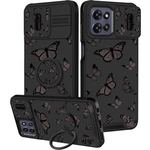 for Moto G Power 5G 2025, for Moto G Play 2025 Case - Women Girls Cute Phone Cover Girly Pretty Black Butterfly with Camera Cover and Ring Stand Funda for Motorola G Power 5G 2025/G Paly 2025