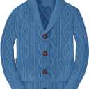 Boy's Sweater Cardigan Button Down Shawl Collar Cable Knitted Outwear Long Sleeve Sweater Coats with Pockets (7-8 Years, Blue)