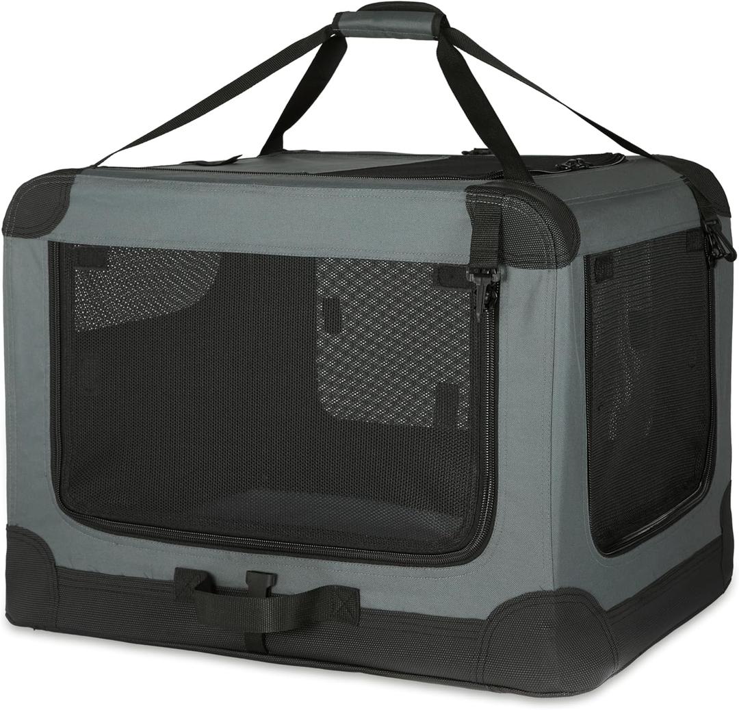 Amazon Basics 4-Door Portable Folding Soft Dog Crate, Collapsible Travel Kennel for Cat, Dog, and Small Animals, Pop Up with Fleece Mat, Water-Resistant Base, Grey, 36" x 24" x 24"