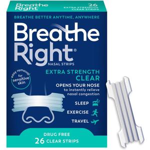 Breathe Right Nasal Strips | Extra Strength | Clear Nasal Strips | For Sensitive Skin | Help Stop Snoring | Drug-Free Snoring Solution & Nasal Congestion Relief Caused by Colds & Allergies | 26 Count