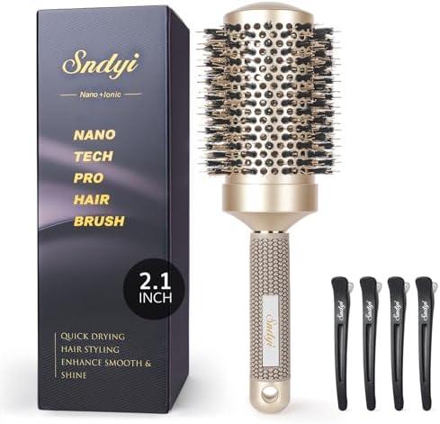 Sndyi Large Round Brush for Blow Out, 2.1 Inch Nano Thermal Ceramic Ionic Round Hair Brush with Boar Bristles, Boost Shine and Volume, Quick Blow Drying and Styling, Best for Long Thick Hair