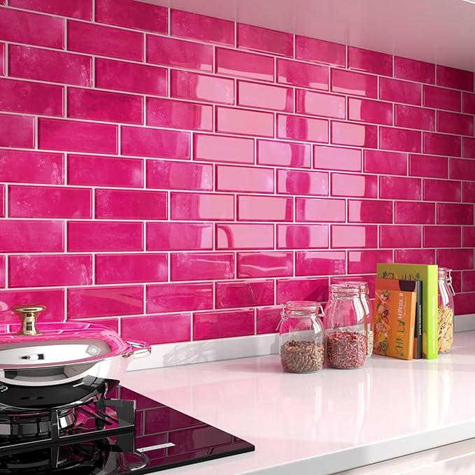 Decotalk Pink Peel and Stick Backsplash for Kitchen 12"x12" Subway Tile Backsplash 3-Pack Back Splash for Kitchen Wall Hot Pink Backsplashes Tile Self Adhesive Stick on Back Splash Tiles for Bathroom