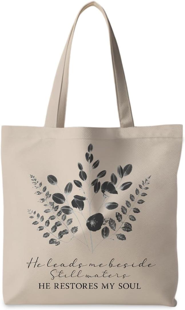 Christian Tote Bag, He Restores My Soul Bible Canvas Tote Bags for Women, Faith Based Gifts, Religious Reusable Grocery Shopping Bags
