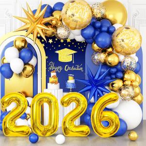Graduation Balloons Garland Arch Kit, Graduation Balloons Class of 2026, Navy Blue and Gold White Latex Balloon with Foil Balloon for Class of 2026 Party Decor
