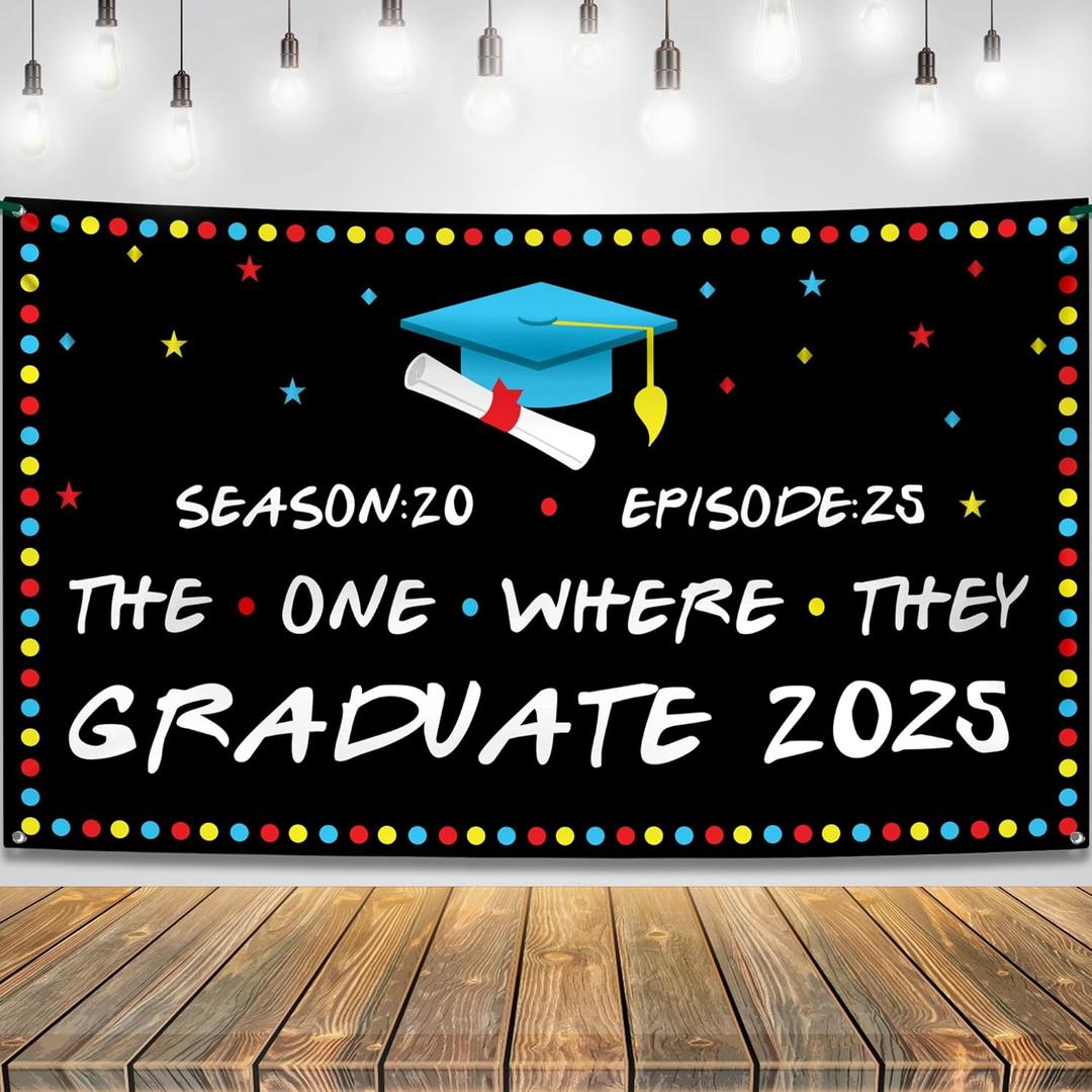KatchOn, The One Where They Graduate 2025 Backdrop - XtraLarge, 72x44 Inch |2025 graduation banner class of 2025, Friends Graduation Decorations 2025 | Grad Backdrop, graduation Decorations 2025 (Black and Blue)