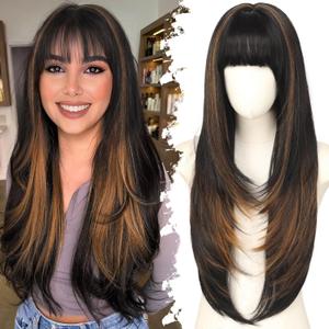 Eawwii Long Black with Brown Highlights Wig with Bangs for Women,4x4 Realistic Scalp,Free Parting,Layered Hairstyle Synthetic Heat Resistant for Daily Party Use 26 inch