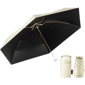 Compact Mini Umbrella for purse-Lightweight,Fold and UV Umbrella for Rain-Suitable for women, girls, kids (Beige White)