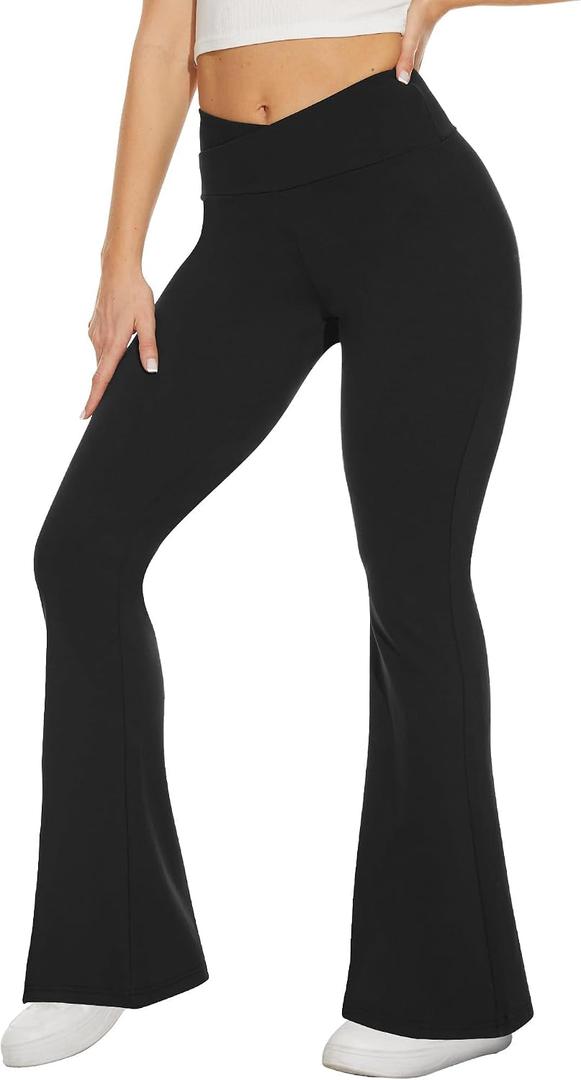 TNNZEET Black Flare Leggings for Women, Crossover Yoga Pants with Pockets Bootcut Flared Leggings (Black, XXL)