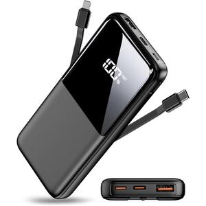 26800 mAh Power Bank, USB C Quick Charge Portable Charger with 3 Ports and 2 Integrated Cables, Power Bank External Battery Compatible with iPhone 16 15 14 13 Samsung Galaxy, Black