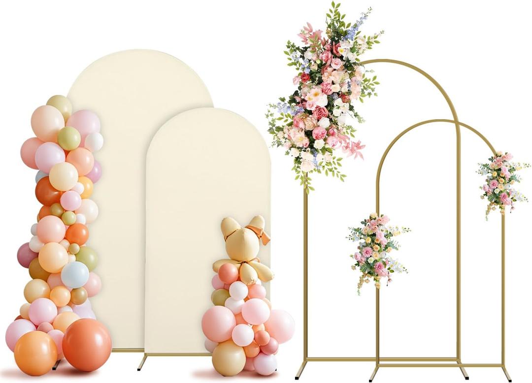 Holldoor Arch Backdrop Stand and Cover Set, 2 Metal Balloon Arch Backdrop 7.2ft 6ft, Gold Arched Stand Frame for Wedding, Parties,Birthday, Backdrop Decorations (Beige,7.2ft+6ft)