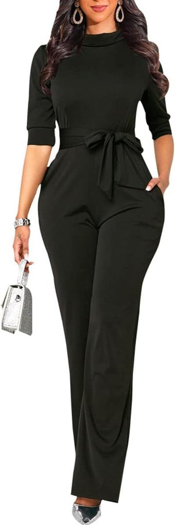 LaiyiVic Jumpsuits for Women Dressy Elegant Half Sleeve Sexy One Piece Wide Leg Pants Rompers (Black,X-Large)