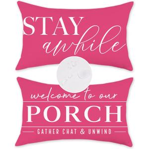 TAJWE Pink Outdoor Pillow Covers Waterproof 12x20 Set of 2 Decorative Welcome to Our Porch Stay Awhile Cushion Cases for Patio Furniture Sofa Couch Decor