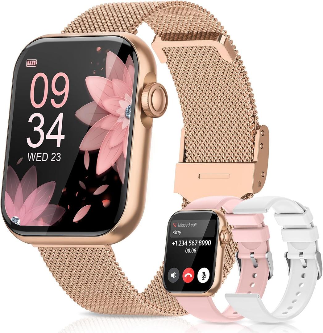 Smart Watches for Women, Fitness Tracker Watch for Android iPhone, Sleep/Heart Rate/SpO2/Blood Pressure Monitor, 1.85'' Smartwatch for Calls/SMS/Notifications, 100+ Sports Modes, 300+ Dials, 3 Bands (Gold)