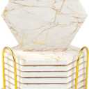 Marble Coasters for Drinks Absorbent with Cork Base, 8pcs Drink Coasters for Wooden Table with Metal Holder, Gold Ceramic Cup Coaster Set Rustic Home Decor for Living Room Bar - Housewarming Gifts