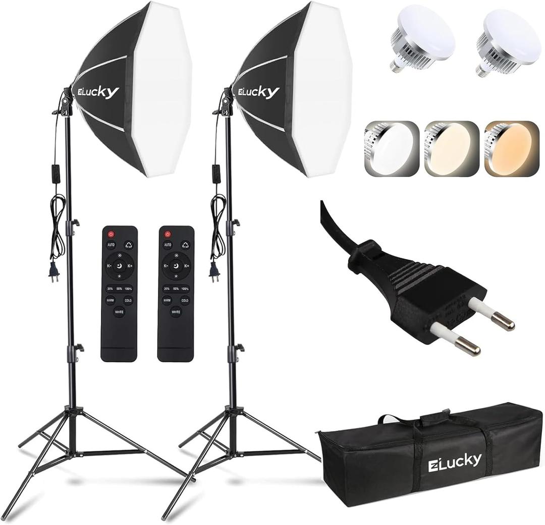 European Standard Plug Needs a Converter to The American Standard on Your own, Softbox Lighting Kit, 2Pcs 20" Softbox with 3000K-6500K 85W LED Bulbs, Remote & 63" Tripod Stand, Softbox Photography