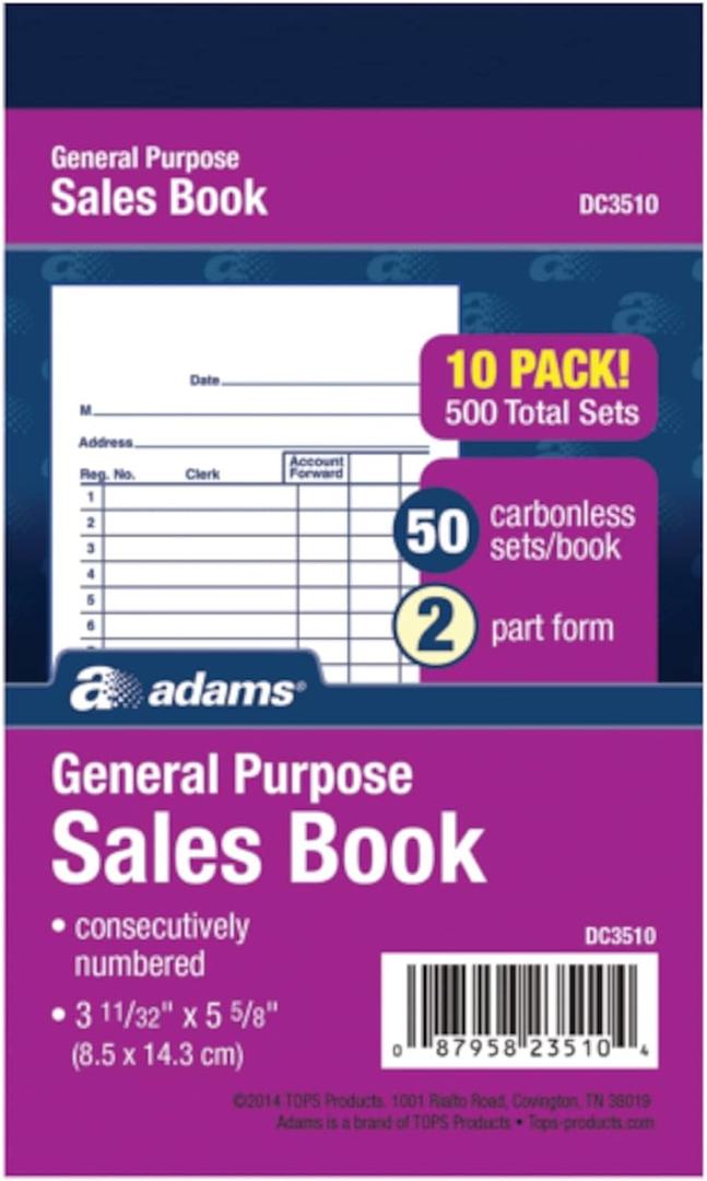 Adams General Purpose Sales Book, 2-Part, Carbonless, White/Canary, 3-11/32 x 5-5/8, 50 Sets per Book, 10 Pack (DC3510) Adams General Purpose Sales Book, 2-Part, Carbonless, White/Canary, 3-11/32 x 5-5/8, 50 Sets per Book, 10 Pack (DC3510)