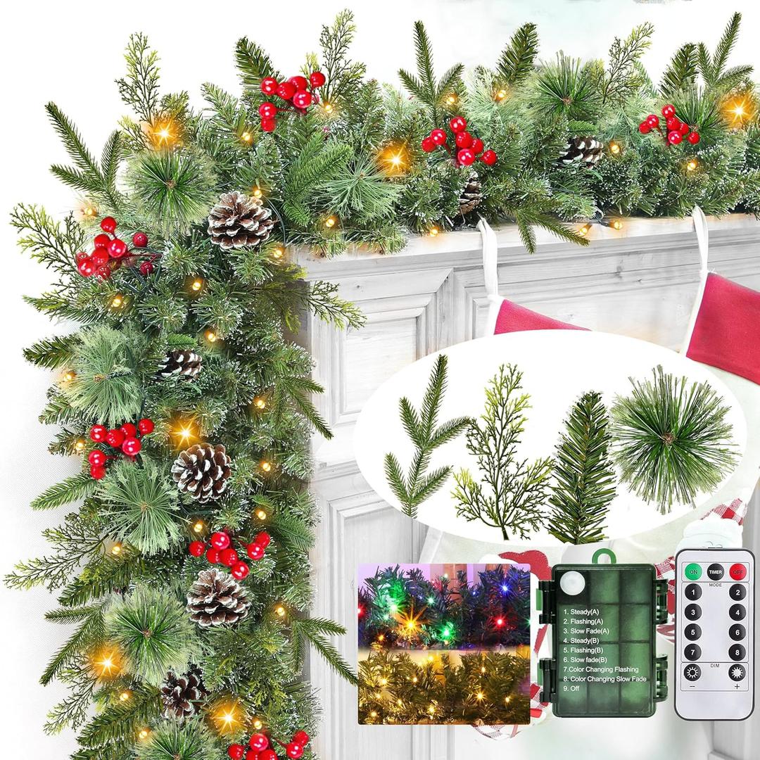Realistic-Feel PE & 4 Mixed Lifelike Branches-9 Ft by 12 Inch Prelit Norfolk Pine Christmas Garland Remote 50 Warm White&Colored Light,280 Branches&Cedar Garland &Red Berry Pinecone,Xmas Garland Decor
