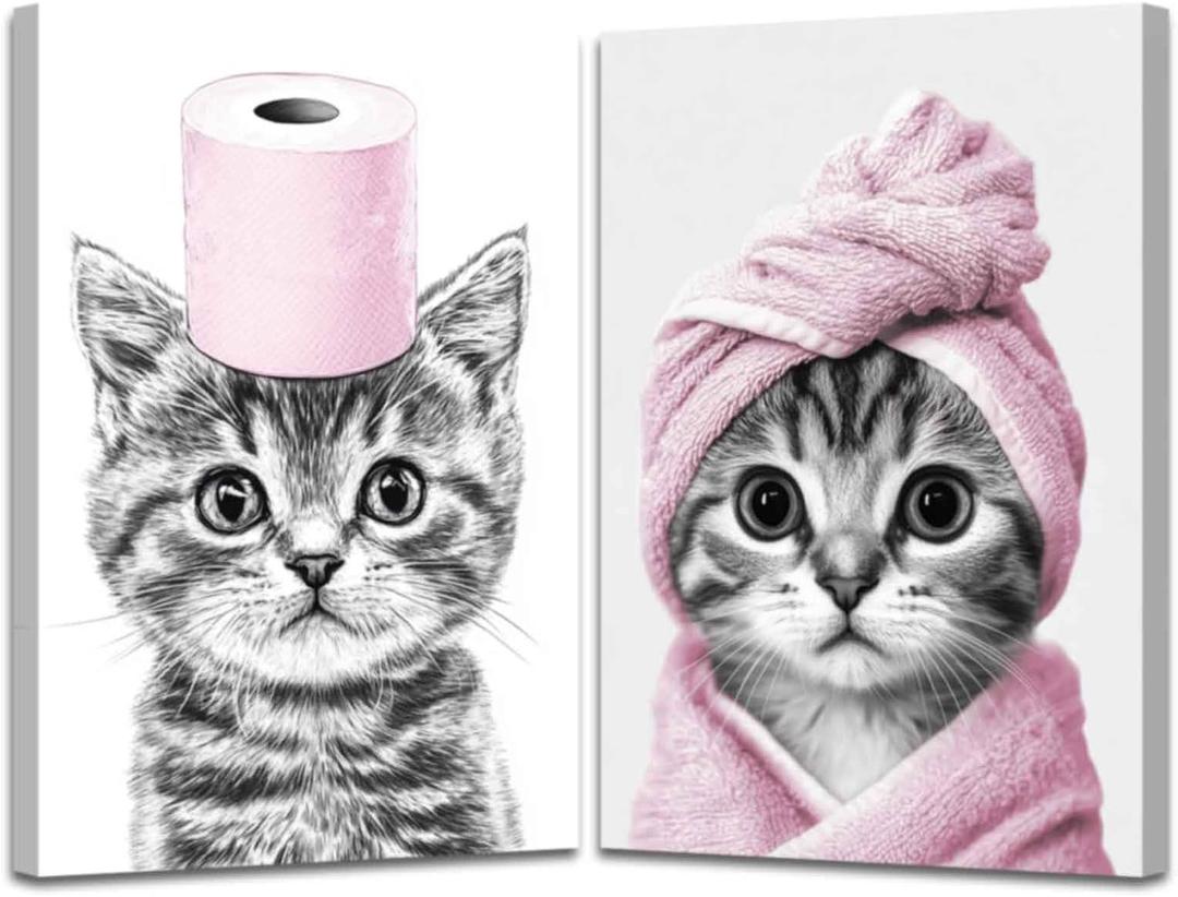 XLMDYYSW Funny Cat Bathroom Wall Art 2pc Black and White Picture Animal Toilet Paper Canvas Prints Cute Cat with Bathrobe Paintings for Restroom Decor Framed (Pink, 16.00" x 24.00" x 2PCS)
