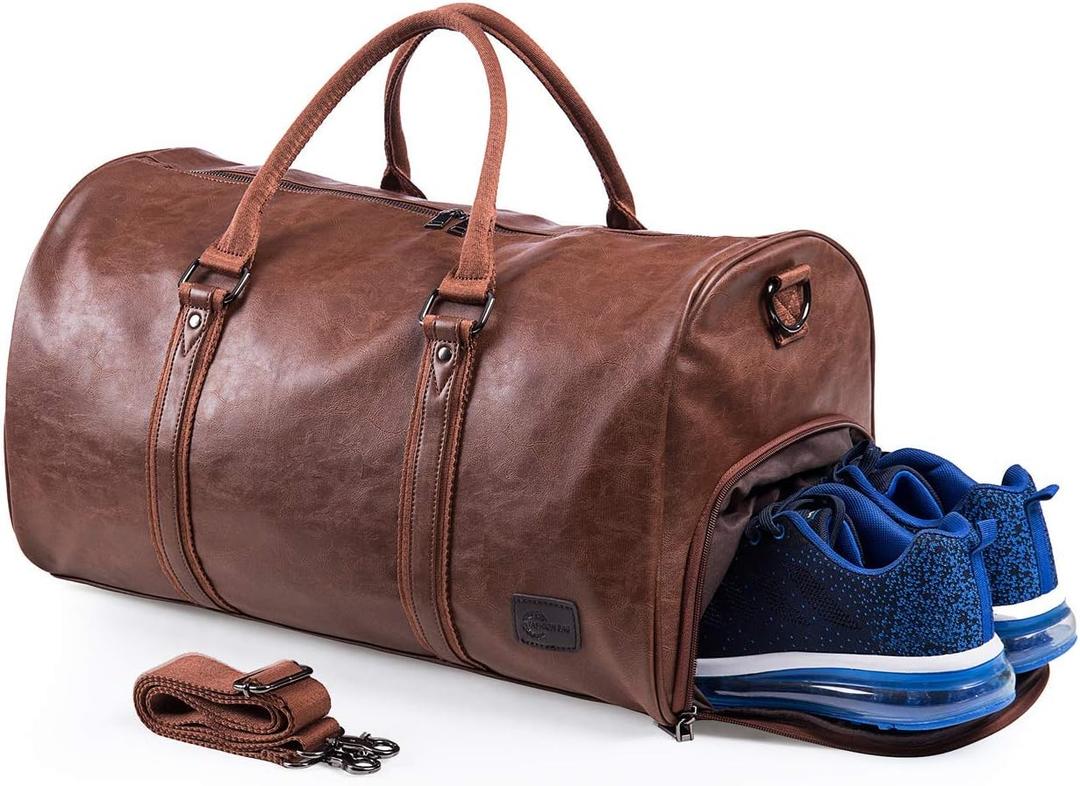 Leather Travel Bag with Shoe Pouch, Waterproof Weekender Overnight Bag, Carry On Duffel Bag for Men Women-Brown (20inch)