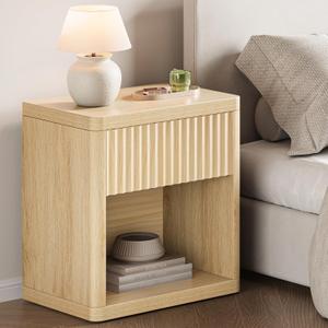 Night Stand Fluted Nightstand with Drawers, Wood Bedside Table with Storage, Bed Side Table End Tables for Bedroom, Farmhouse Nightstands Large Night Stands, Natural
