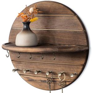 Rebee Vision Pine Wood Key Holder Wall Mount Rustic Wooden Key Hooks for Wall with Shelf Decorative Mail Organizer, Coat Rack & Dog Leash Holder for Home Decor, Entryway and Living Room (Brown)