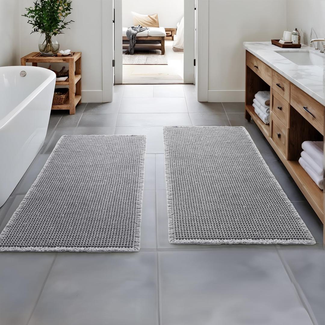 MIULEE Set of 2 Waffle Bathroom Runner Rugs, Boho Bath Rugs Non Slip Washable, Super Absorbent Bath Mats, Rubber Backed Shower Mats for Hallway Bedroom Laundry Room, Light Grey, 2'x4'(24x48 Inch)