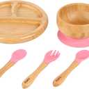 TATA AMG Bamboo Suction Plate & Bowl with Fork and 2 Spoons | Divided Wooden Feeding Dish for Toddlers | BPA-Free Baby Led Weaning (BLW) Utensil Set (Pink)