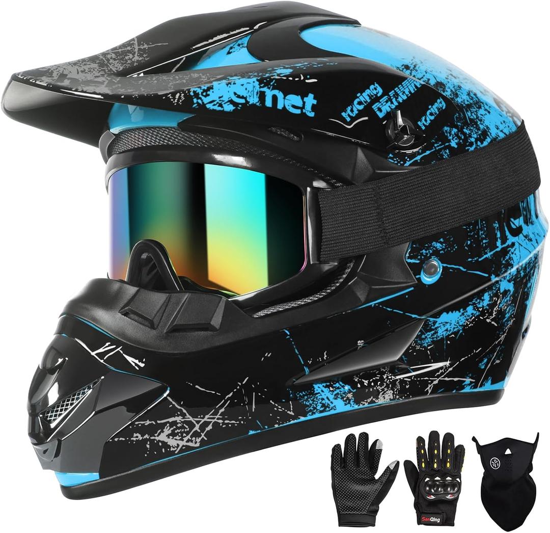 SPARK Dirt Bike Helmets Kids Motorcycle Helmet Youth ATV Motocross Full Face Men Women Off-Road Mountain Bike Helmet Adult with(Gloves Goggles Mask) DOT Approved 4Pcs Set (Large, Blue)