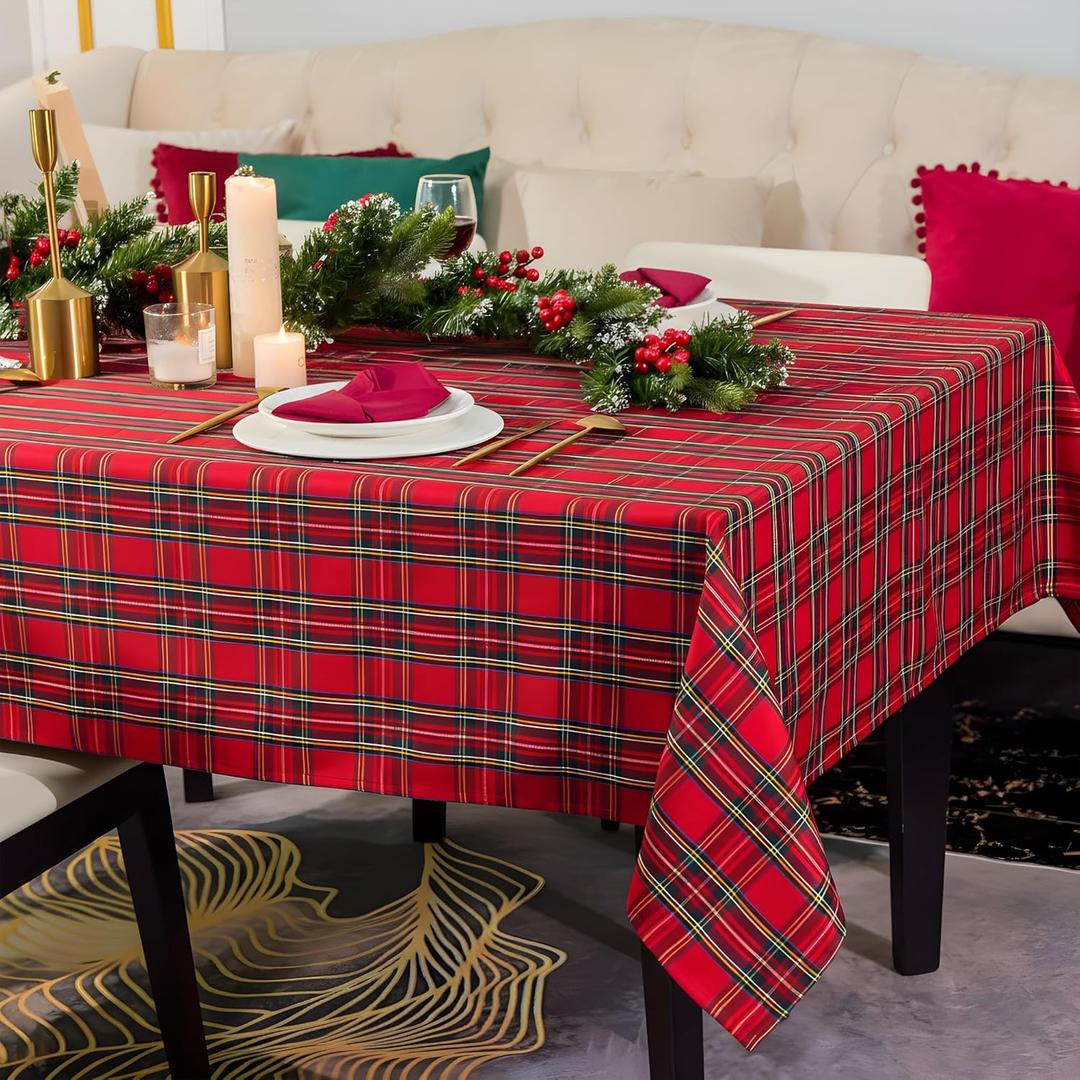 Christmas Red Plaid Waterproof Tablecloth  Classic Woven Check Design  Holiday Dining Table Cover for Xmas Parties, Stain-Resistant & Durable, W60 x L84 in