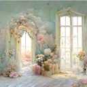 YongFoto European Style Oil Painting Backdrop 7x5ft Flowers Arched Door French Window Photography Background Birthday Bridal Shower Wedding Party Banner Home Decor Photoshoot Photo Studio Props