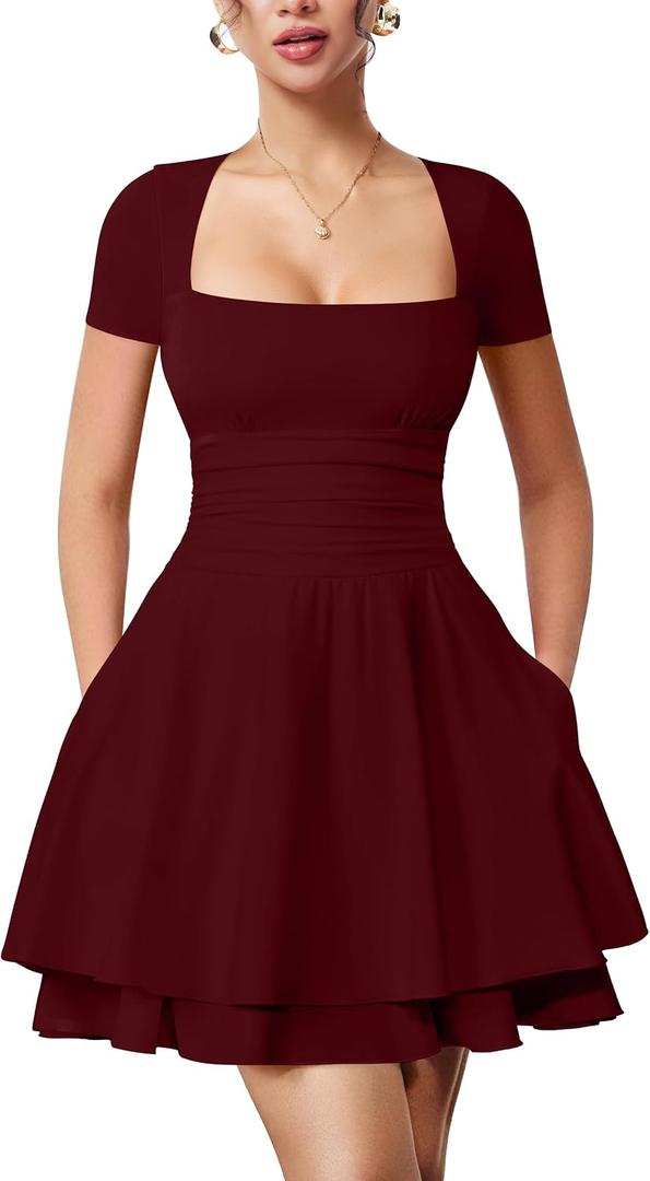 YMDUCH Women's Casual Square Neck Ruffle Hem Mini Dress Short Sleeve Short Party Dresses with Pockets (Red) M